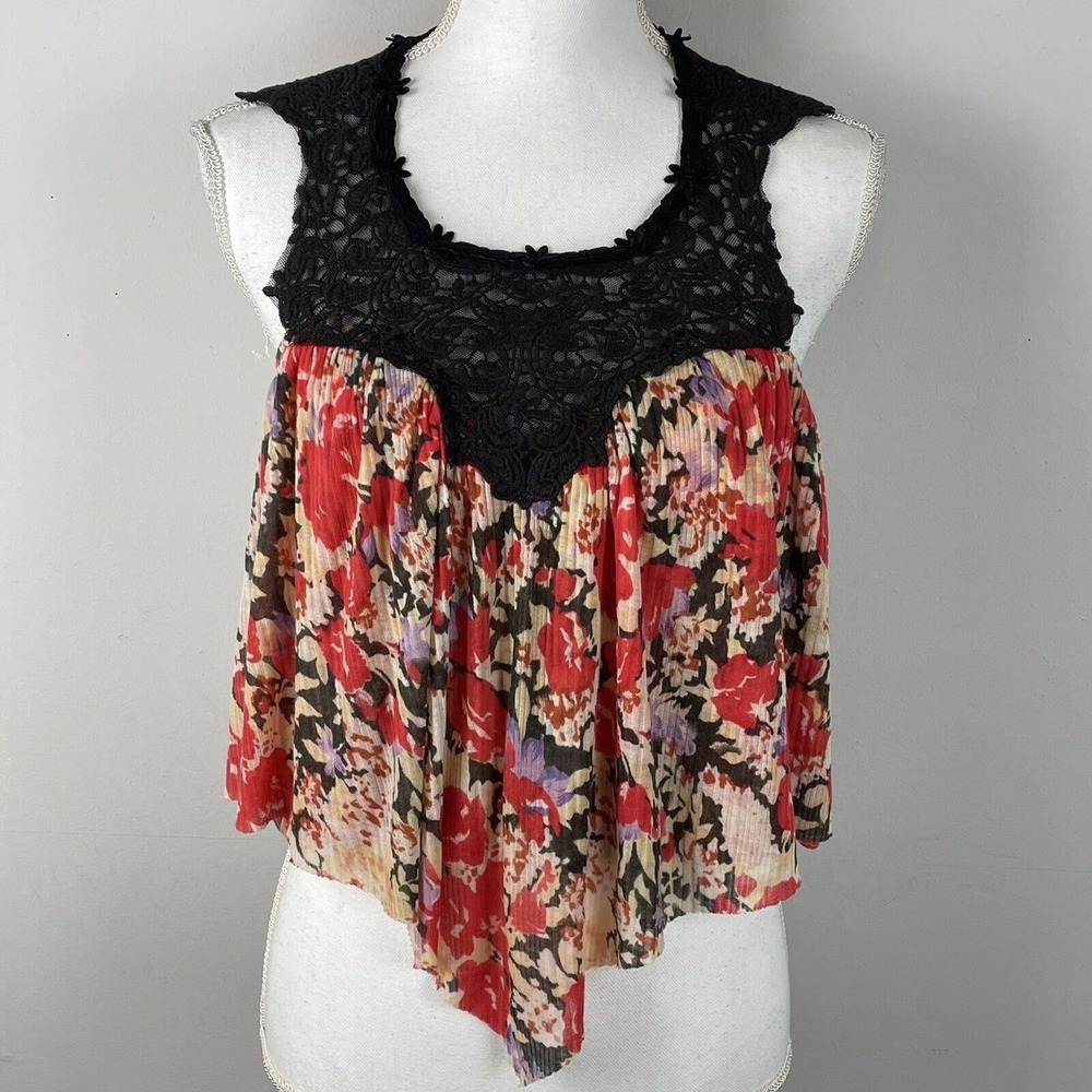 Free People Black Crochet Lace Floral Print Halter Top Blouse Multicolor Size XS